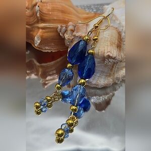 Handmade Chic Blue and Gold Beaded Dang Earrings